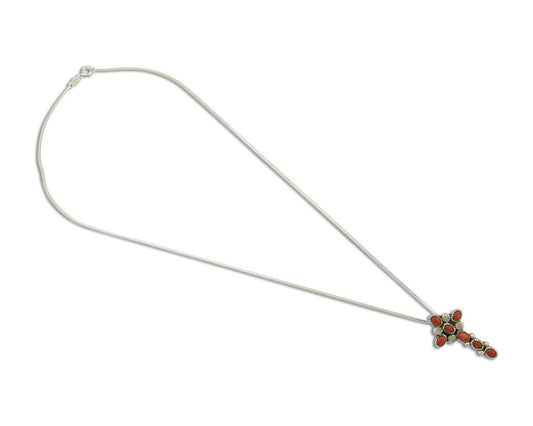 Navajo Cross Necklace 925 Silver Mediterranean Coral Native American Artist C80s