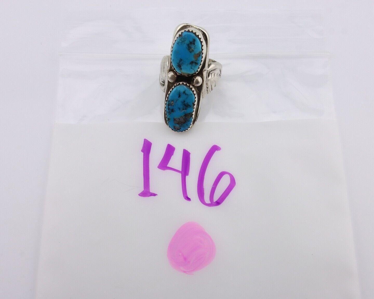Navajo Ring 925 Silver Natural Blue Turquoise Artist Signed R C.80's