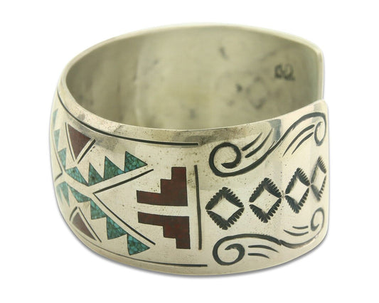 Navajo Bracelet 925 Silver Inlaid Turquoise Coral Artist Signed Stanley Bain C80