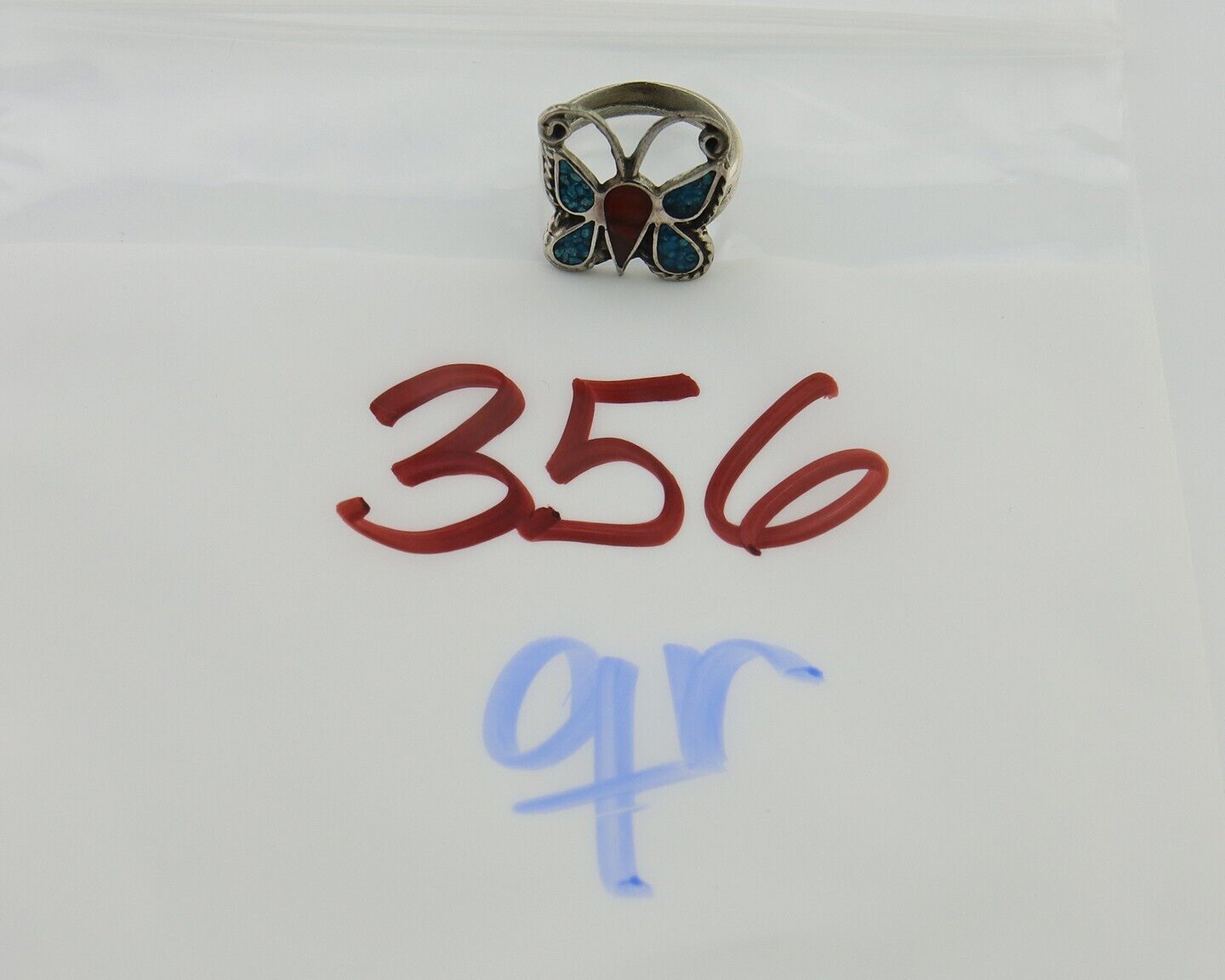 Navajo Handmade Butterfly Ring 925 Silver Coral & Turquoise Native Artist C.80's