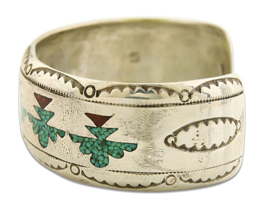 Navajo Bracelet 925 Silver Inlaid Coral & Turquoise Cuff Artist Signed LB C.80's