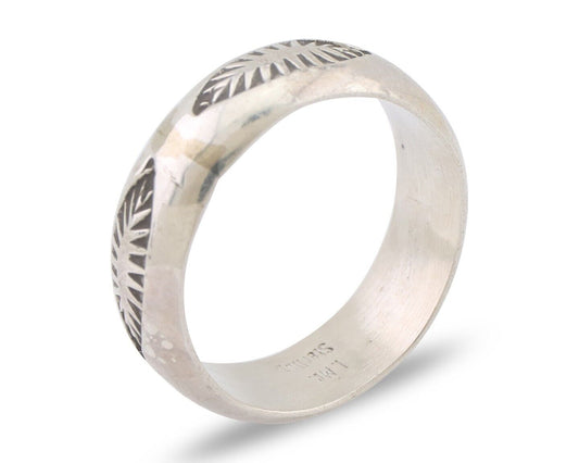 Navajo Hand Stamped Band 925 Silver 6.0 mm Signed Larry Chavez Size 6.0 C.80's
