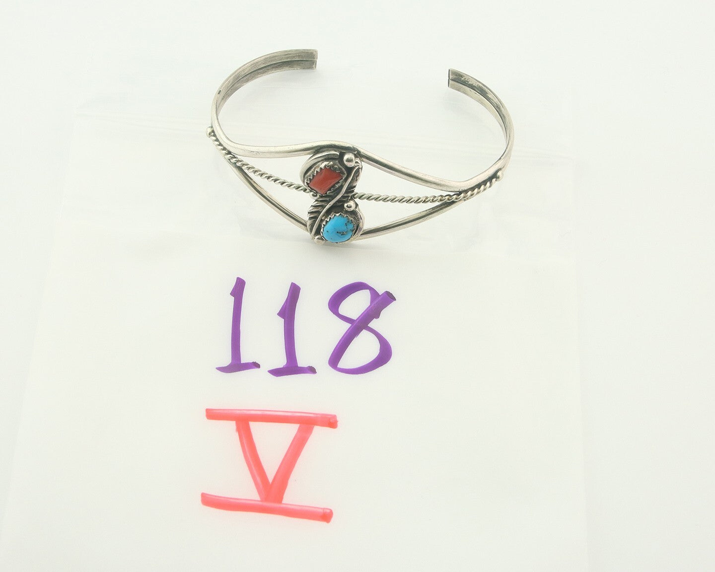 Navajo Bracelet 925 Silver Coral & Turquoise Cuff Signed Running Bear C.80's