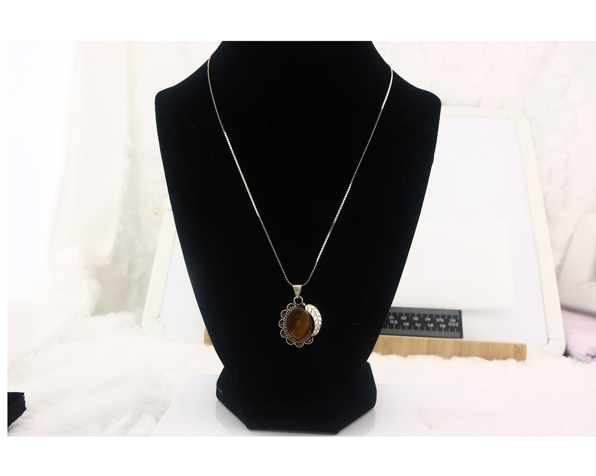 Navajo Sterling Silver Necklace Authentic Tiger Eye Sapphire Vintage Handmade