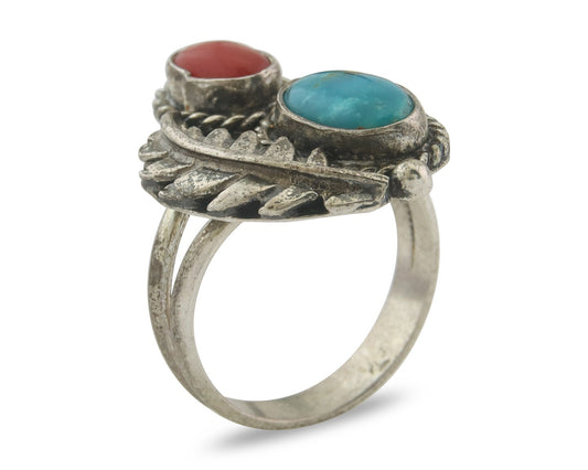 Navajo Ring 925 Sterling Natural Coral & Turquoise Signed EH C.80's Size 7.0