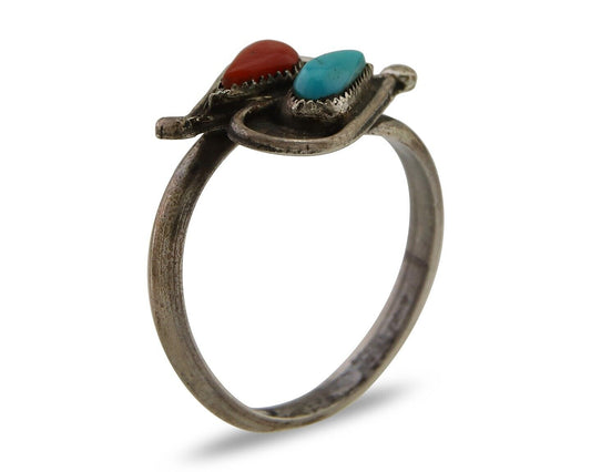 Navajo Ring 925 Silver Turquoise & Coral Native American Artist C.80's