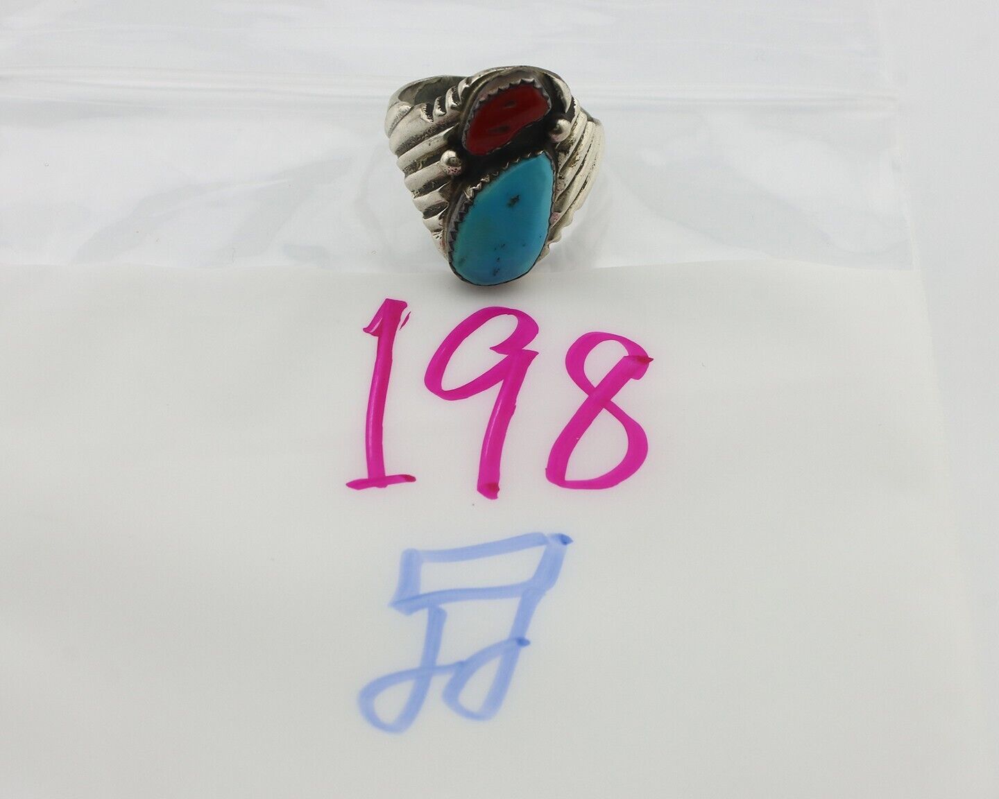 Navajo Ring 925 Silver Sleeping Beauty Turquoise & Coral Native Artist C.80s