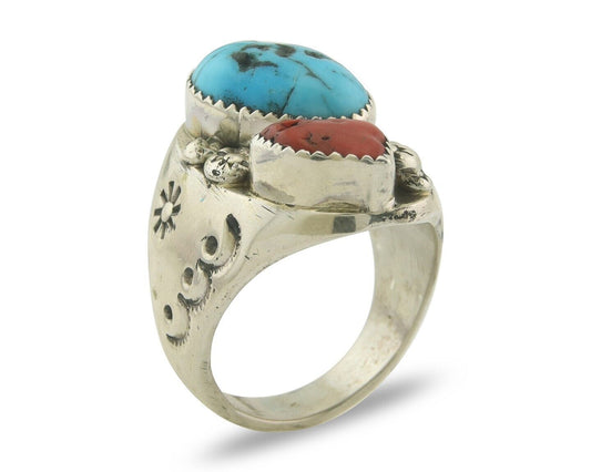 Men Heavy Navajo Ring 925 Sterling Natural Coral & Turquoise C.80's Size 11