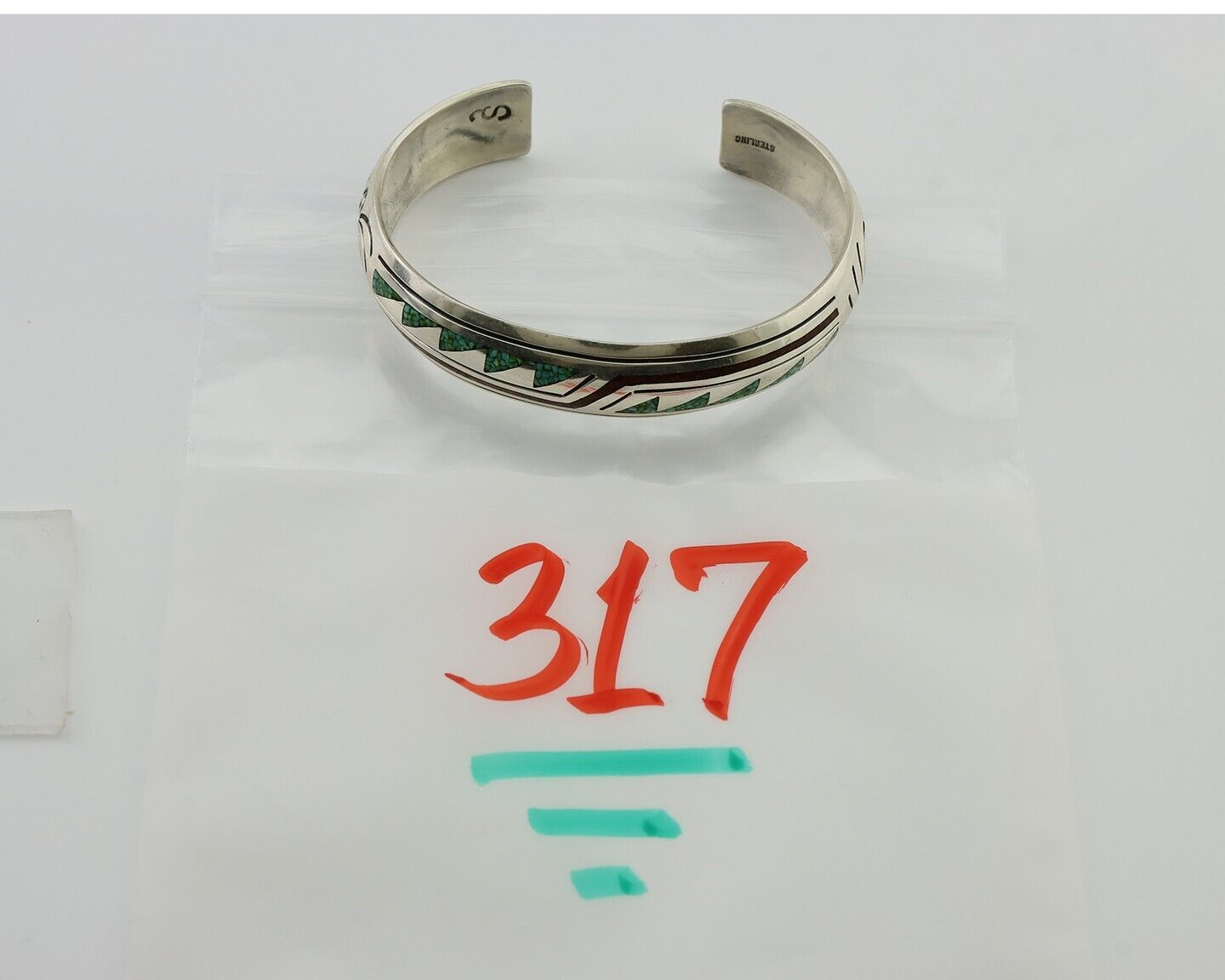 Navajo Inlay Bracelet 925 Silver Turquoise & Coral Signed Stanely Bain C.80's