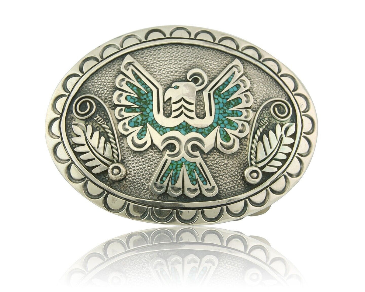 Vintage Navajo Belt Buckle 925 Silver Inlaid Eagle Turqouise Signed Stanley Bain