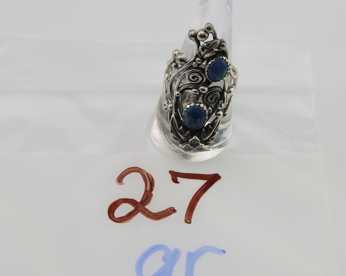 Navajo Ring 925 Silver Natural Denim Lapis Artist Signed Prairie Fire C.80's