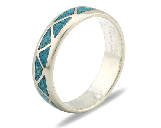 Navajo Chip Inlay Ring 925 Silver Sleeping Beauty Turquoise Artist Silver Cloud