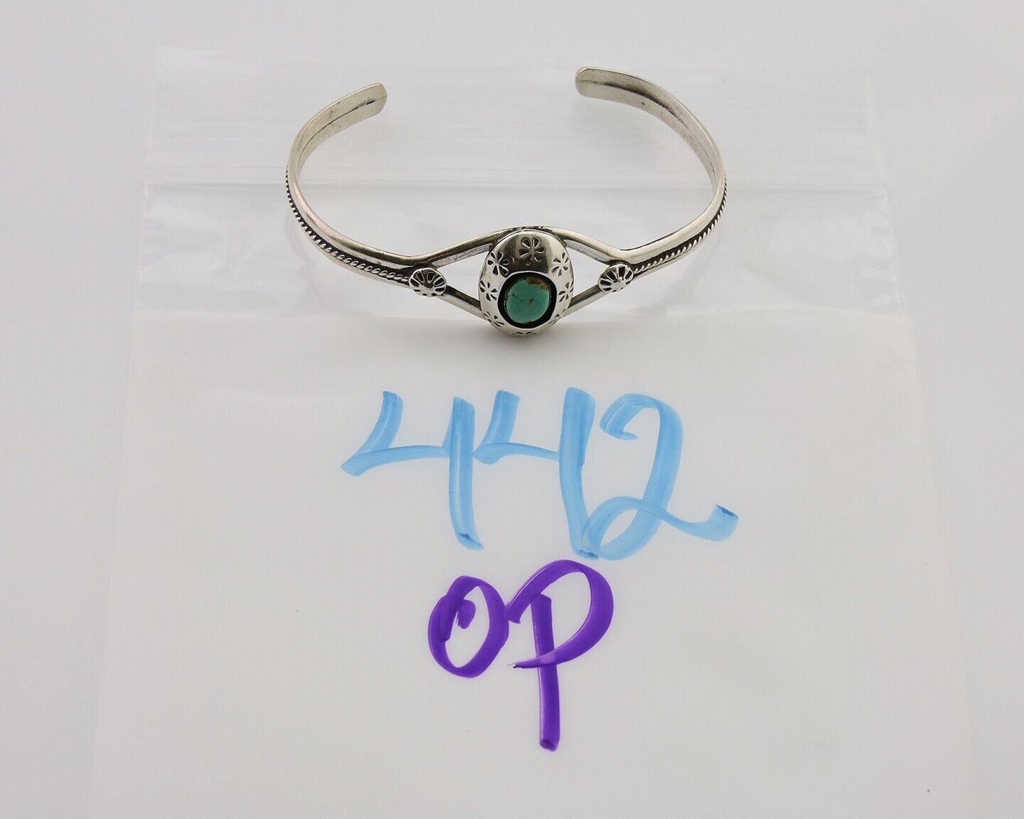 Navajo Hand Stamped Cuff Bracelet Turquoise 925 Silver Native American Artist