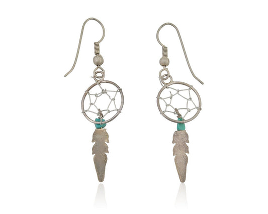Navajo Dangle Dream Catcher Earrings 925 Silver Blue Turquoise Native Artist C80