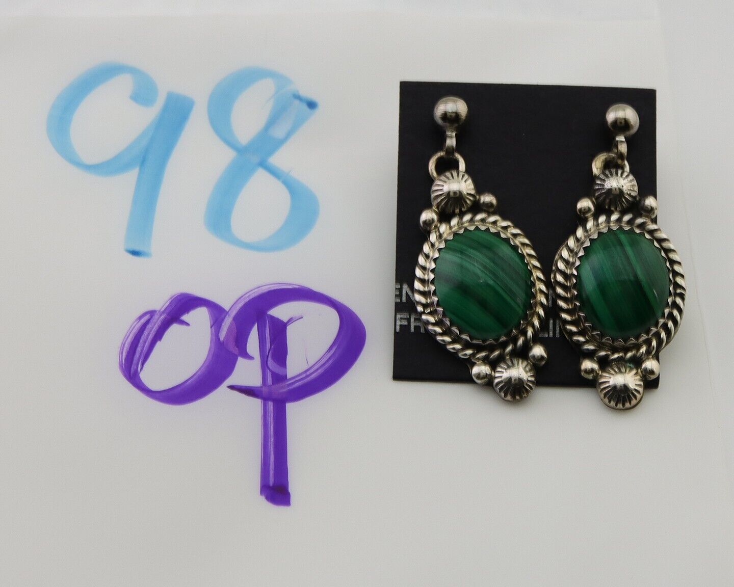 Navajo Handmade Earrings 925 Silver Malachite Native American Artist C.80's