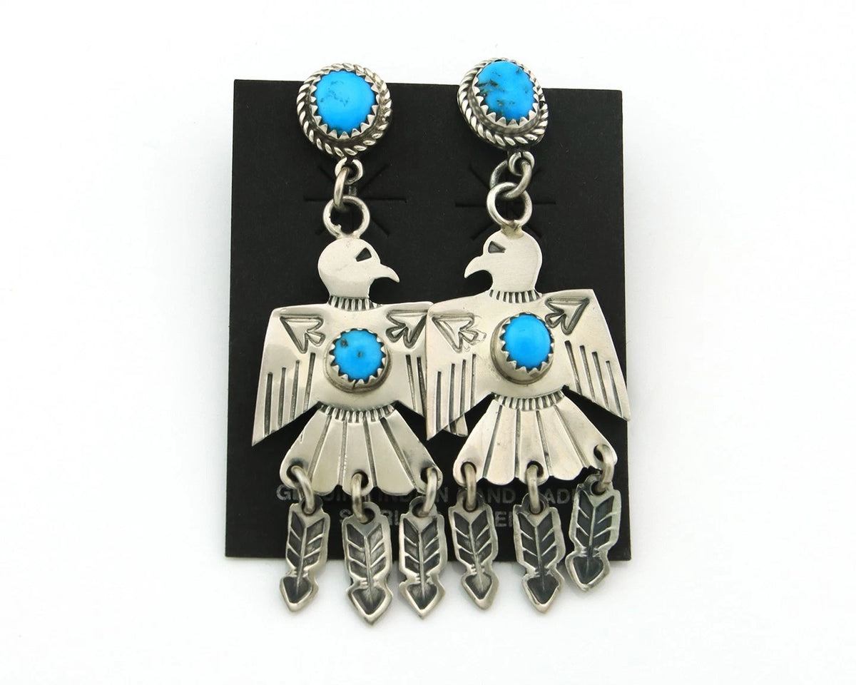 Navajo Bird Earrings Sterling Silver Natural Turquoise Signed J