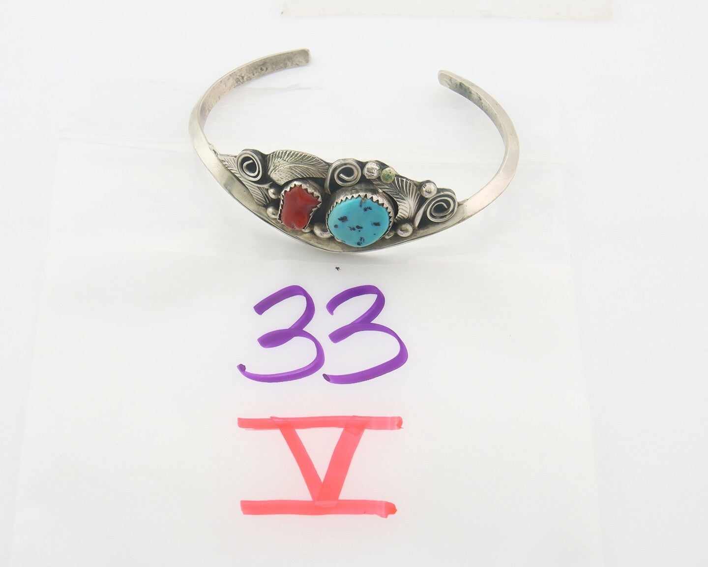 Navajo Bracelet 925 Silver Coral & Turquoise Cuff Signed Justin Morris C.80's