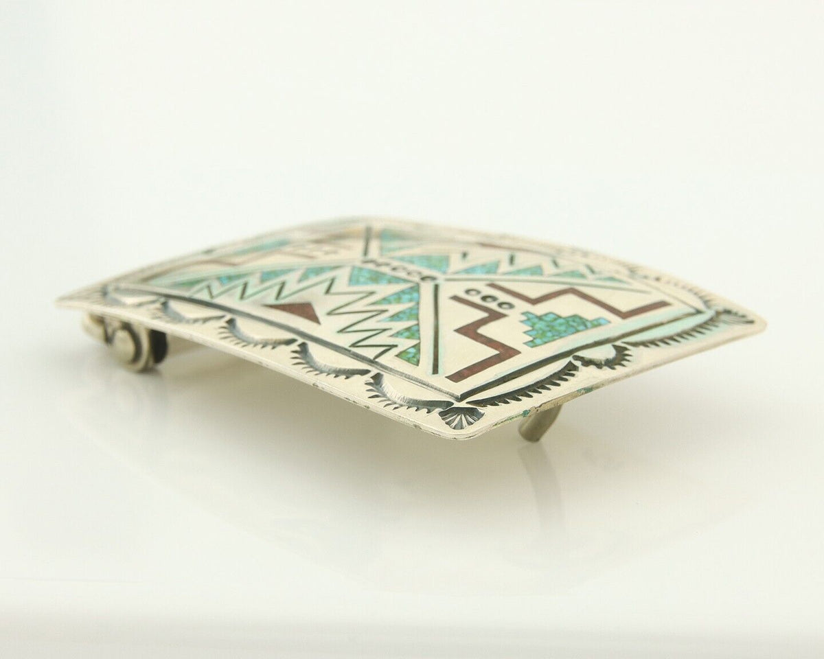 Vintage Navajo Belt Buckle 925 Silver Handmade Inlaid Gemstone Stanely Bain