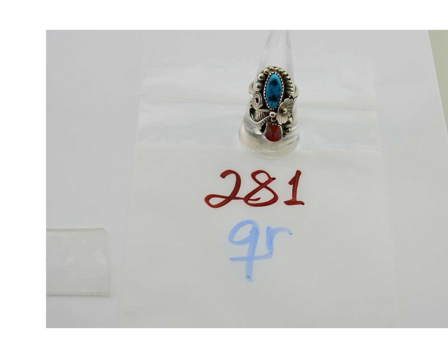 Navajo Handmade Ring 925 Silver Coral & Turquoise Signed Circle Max C.80's