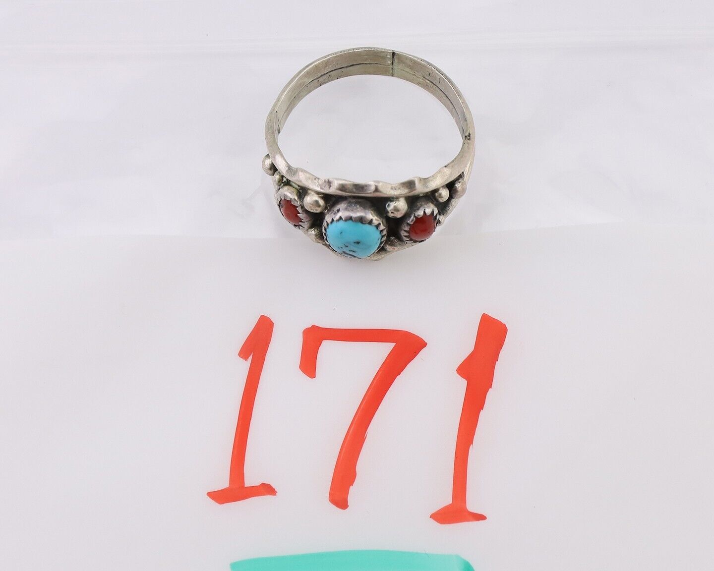 Navajo Ring 925 Silver Coral Turquoise Artist Signed SC C.80's