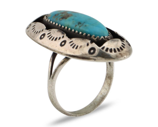 Navajo Ring 925 Silver Kingman Turquoise Native American Artist C.80's
