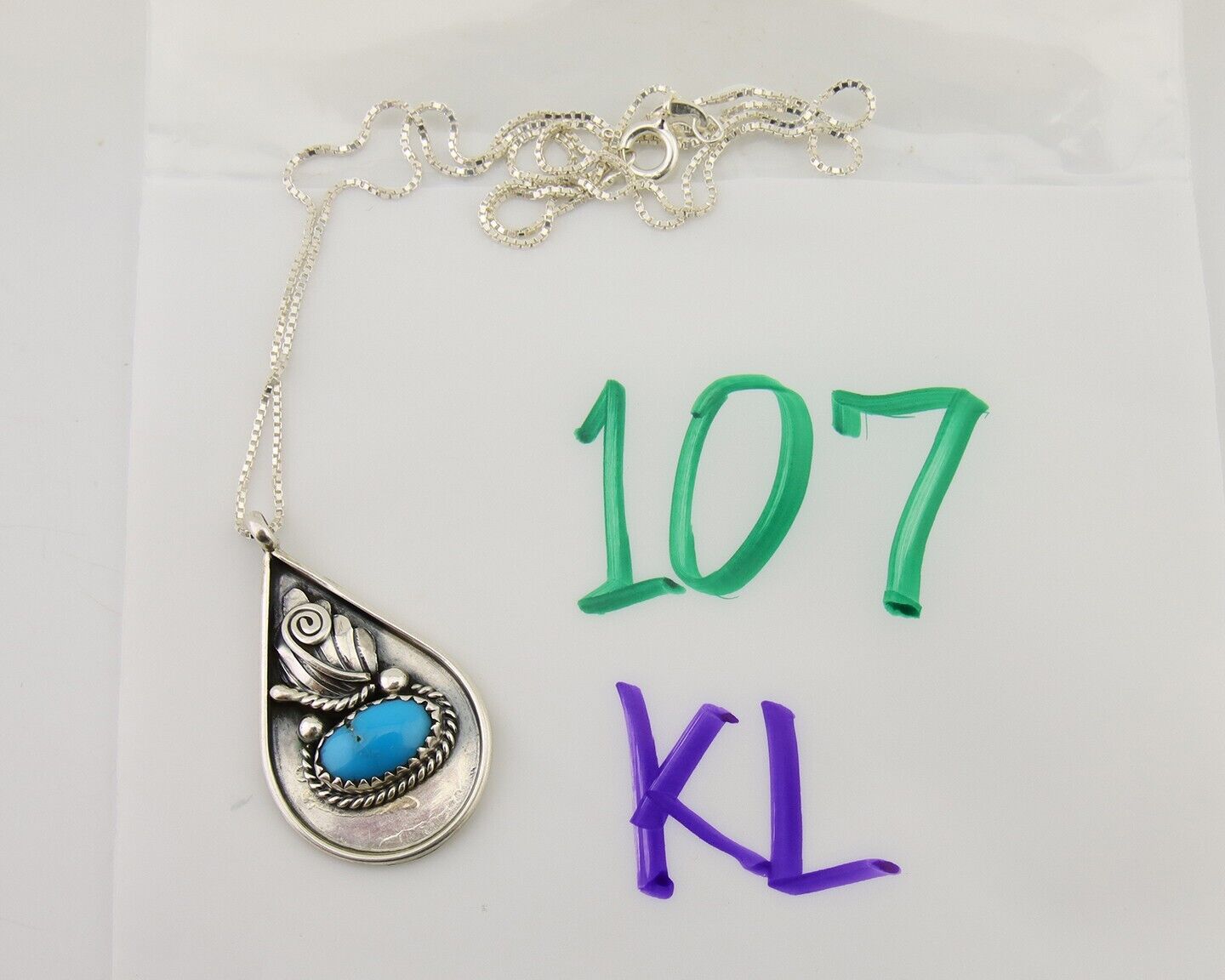 Navajo Necklace 925 Silver Natural Blue Turquoise Artist Signed JASON BAHE C.80s