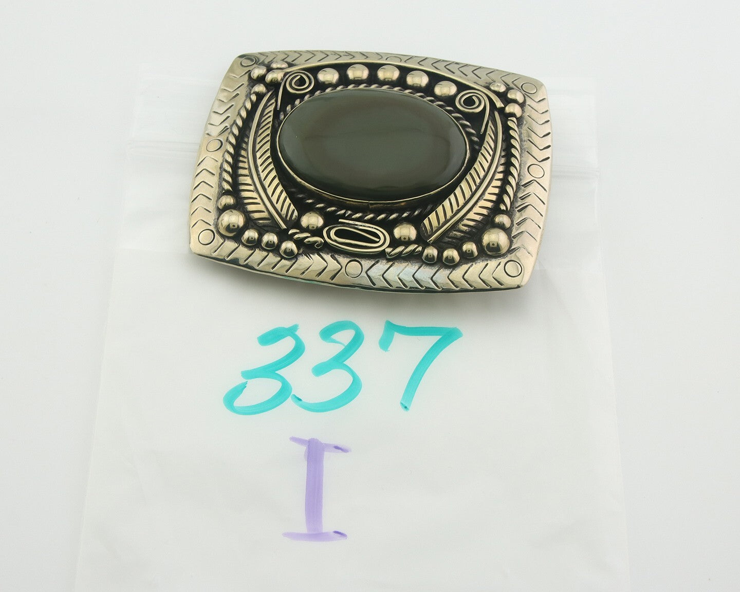 Navajo Belt Buckle .999 Nickel Agate Native Artist Handmade 2.5 x 3.0 in C.80s