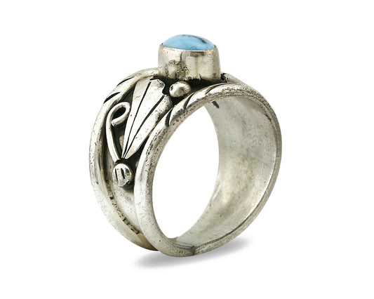 Navajo Ring .925 Silver Handmade Sleeping Beauty Turquoise Signed ELA C.80's