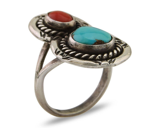 Navajo Ring 925 Silver Turquoise & Coral Native American Artist C.80's