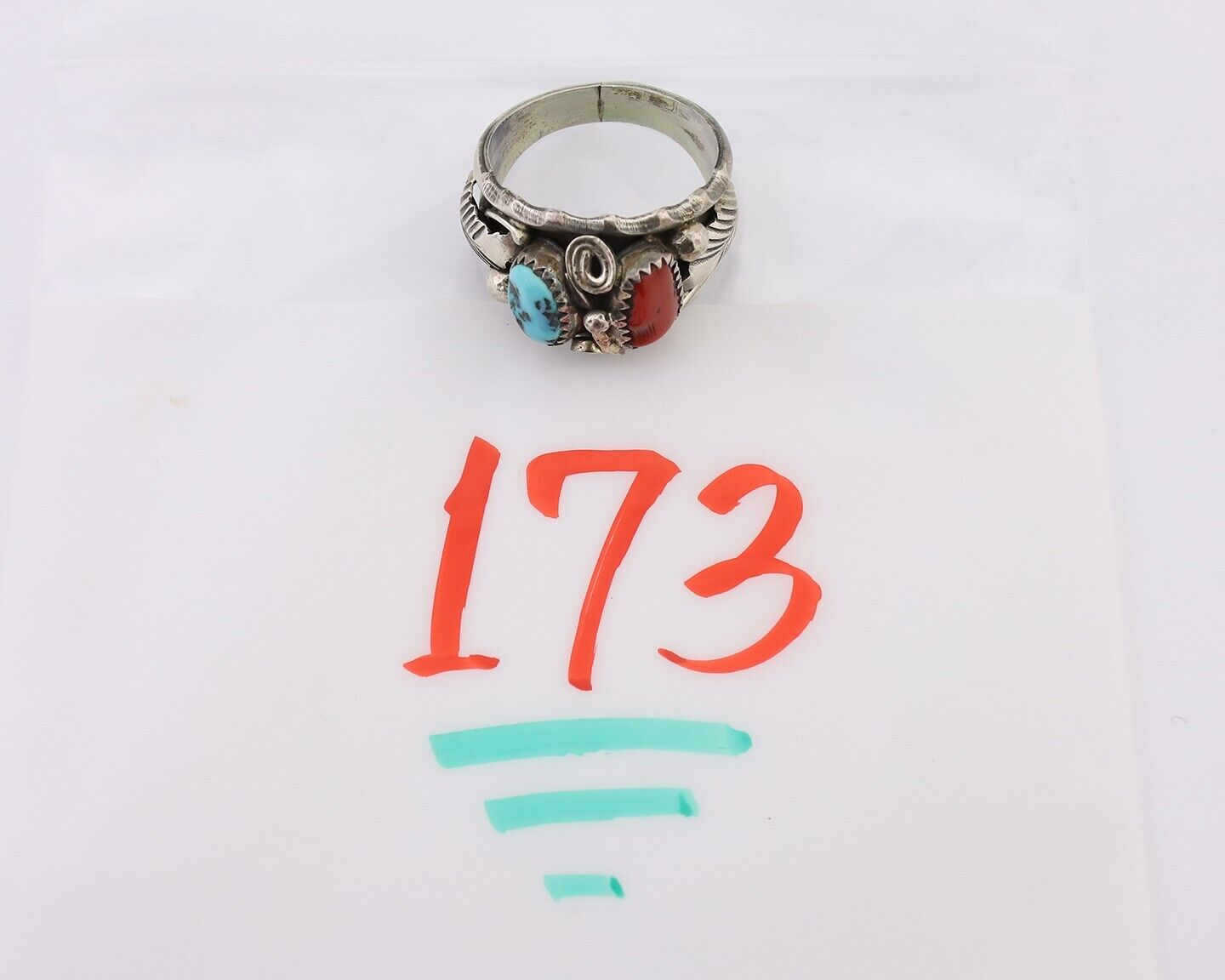 Navajo Ring 925 Silver Coral Turquoise Artist Signed Max Calabaza C.80's