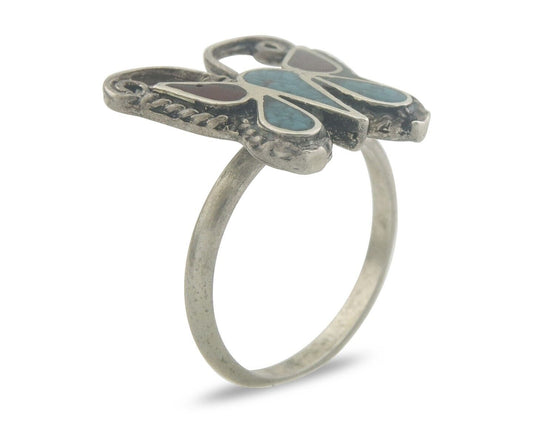 Navajo Ring 925 Silver Inlaid Butterfly Turquoise & Coral C.80's Size 5.5