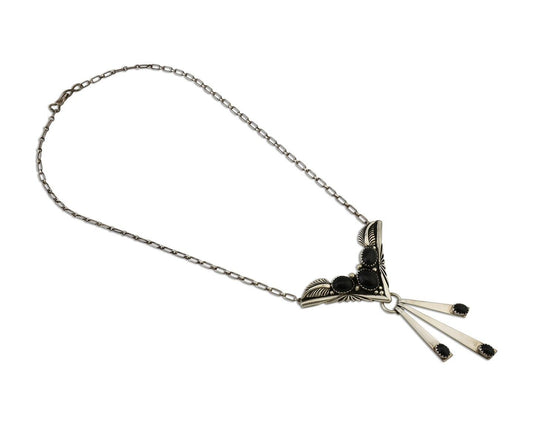 Navajo Necklace 925 Silver Black Onyx Signed Nila Johnson C.80's
