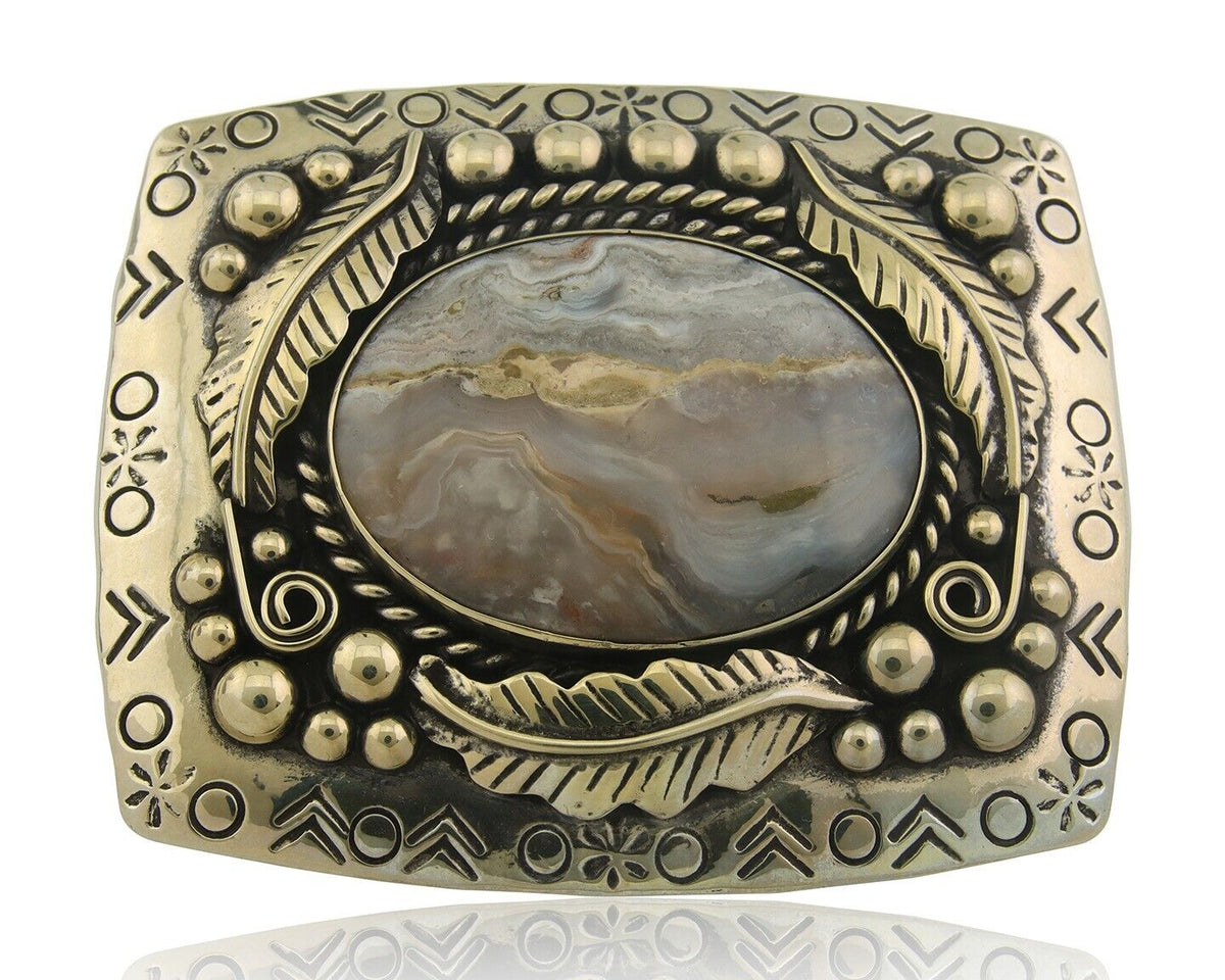 Navajo Belt Buckle .999 Nickel Agate Native Artist Handmade 2.5 x 3.0 in C.80s