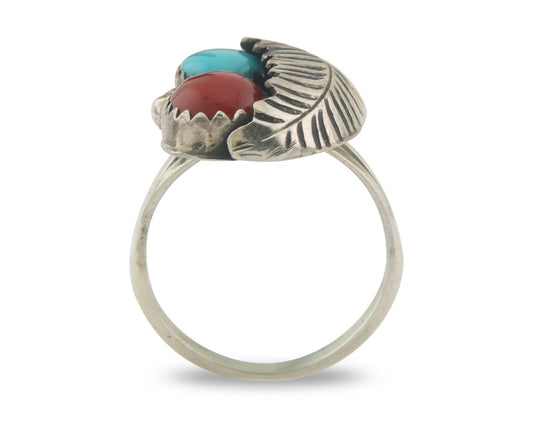 Navajo Ring 925 Sterling Natural Coral & Turquoise Signed BB C.80's Size 5.0