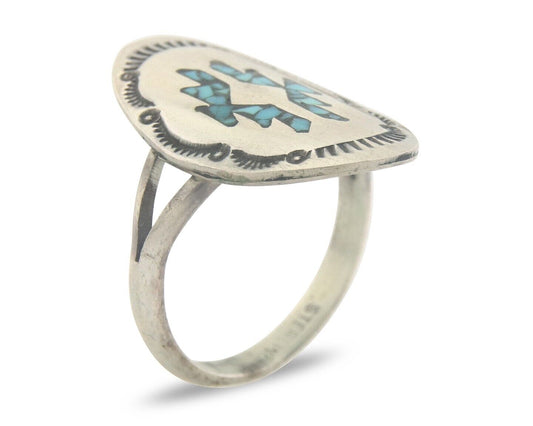 Navajo Ring 925 Sterling Natural Chip Inlay Turquoise C.80's Size 5.75