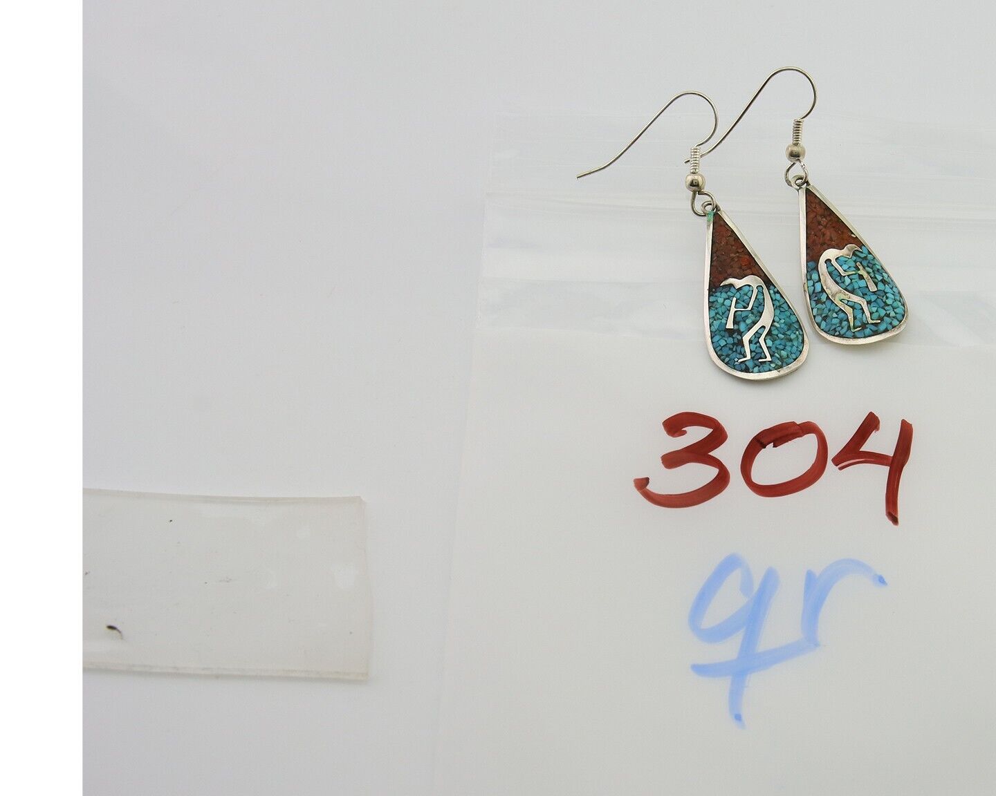 Navajo Kokopelli Earrings 999 Nickel Chip Inlay Turquoise Coral Native American
