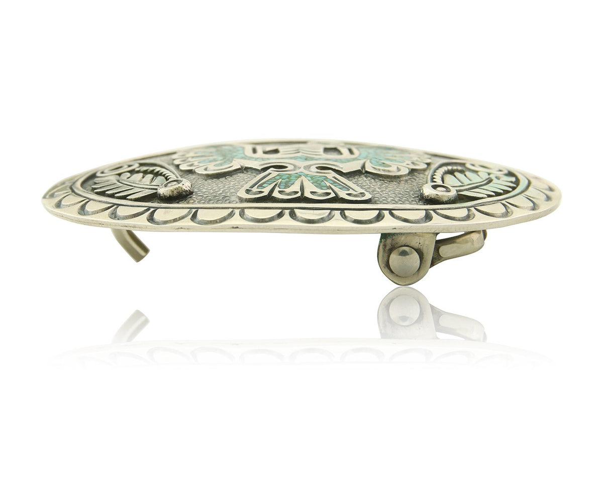 Vintage Navajo Belt Buckle 925 Silver Inlaid Eagle Turqouise Signed Stanley Bain