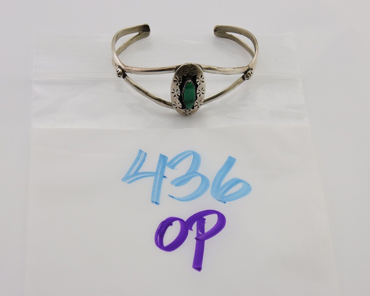 Navajo Hand Stamped Cuff Bracelet Malachite 925 Silver Artist Signed IJC C.80's
