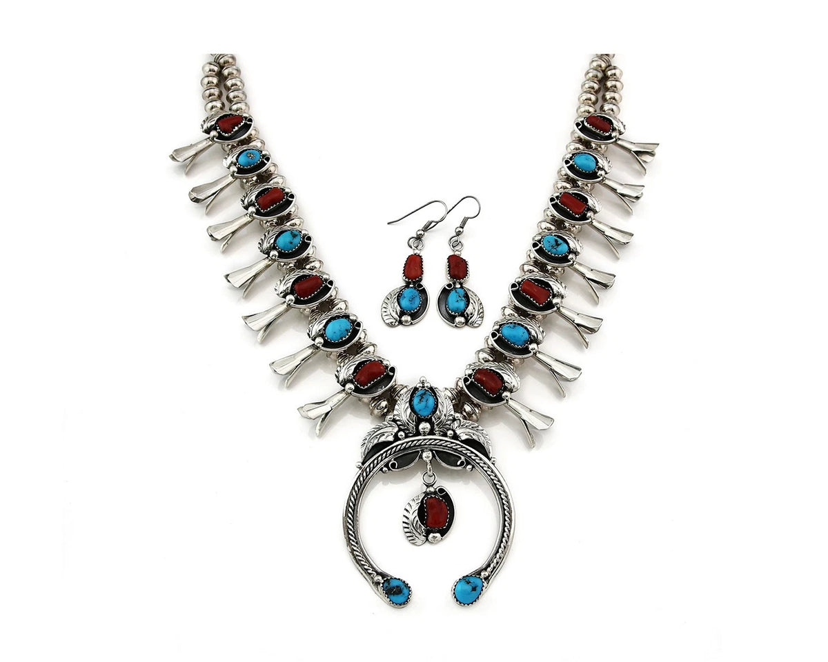 Navajo Squash Necklace Earring Set Sterling Silver Gemstones Signed C Davis C80s