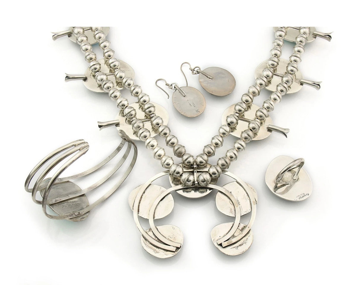 Navajo Squash Necklace Set Sterling Silver Turquoise Authentic Signed K Henry