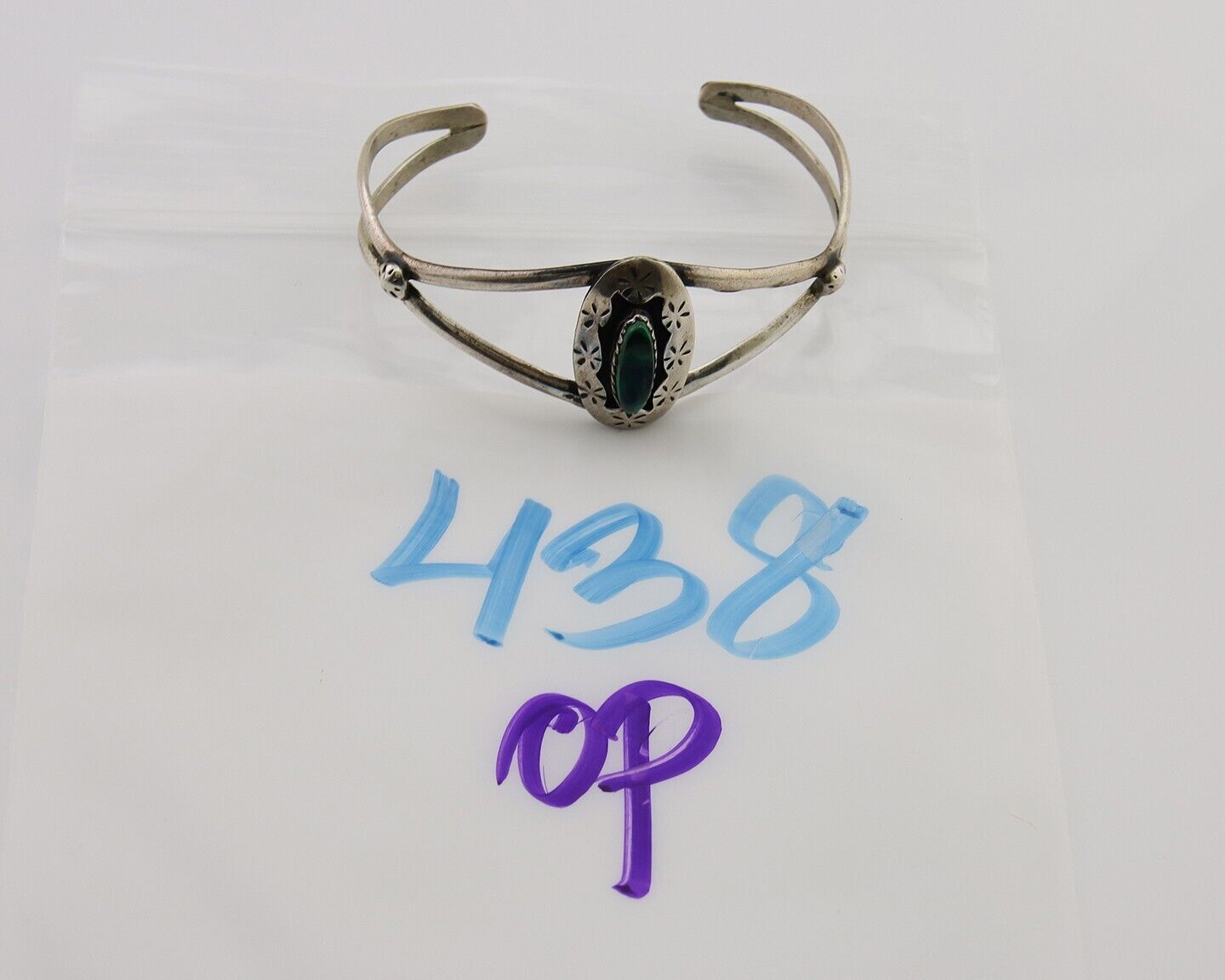 Navajo Hand Stamped Cuff Bracelet Malachite 925 Silver Artist Signed IJC C.80's