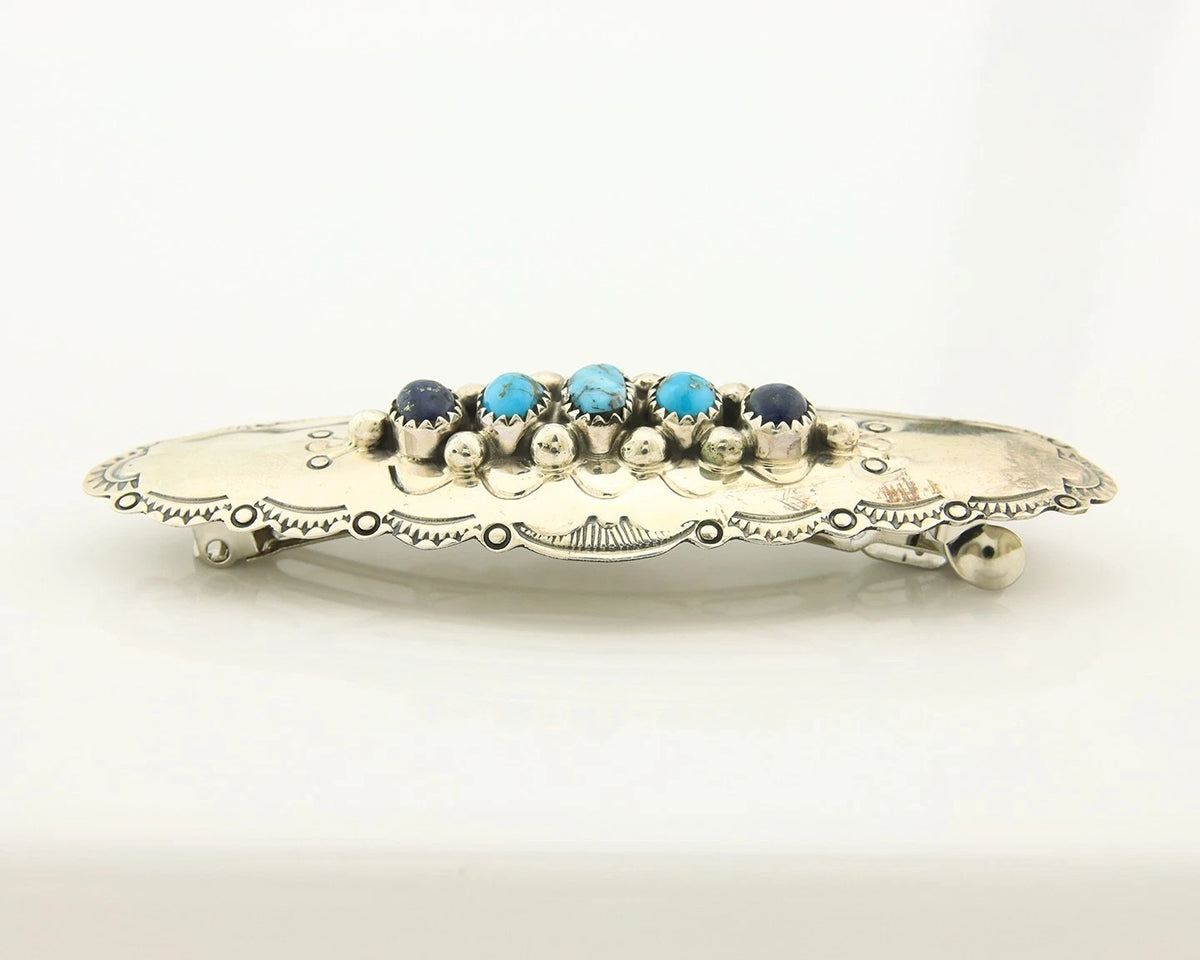 Navajo Barrette Sterling Silver Gemstones Hand Stamped Vintage Native Artist