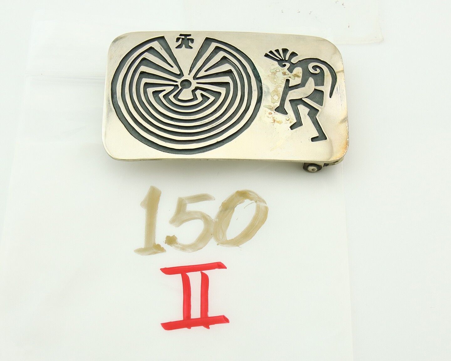 Navajo Belt Buckle 925 Sterling Silver Kokopelli Artist Signed SC 2x3 C.80's