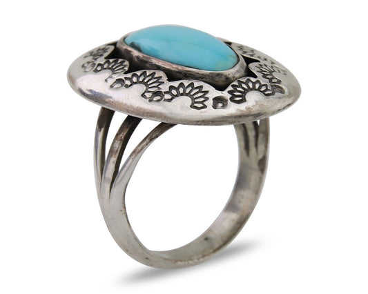 Navajo Handmade Ring 925 Silver Natural Turquoise Signed M Horse C.80's