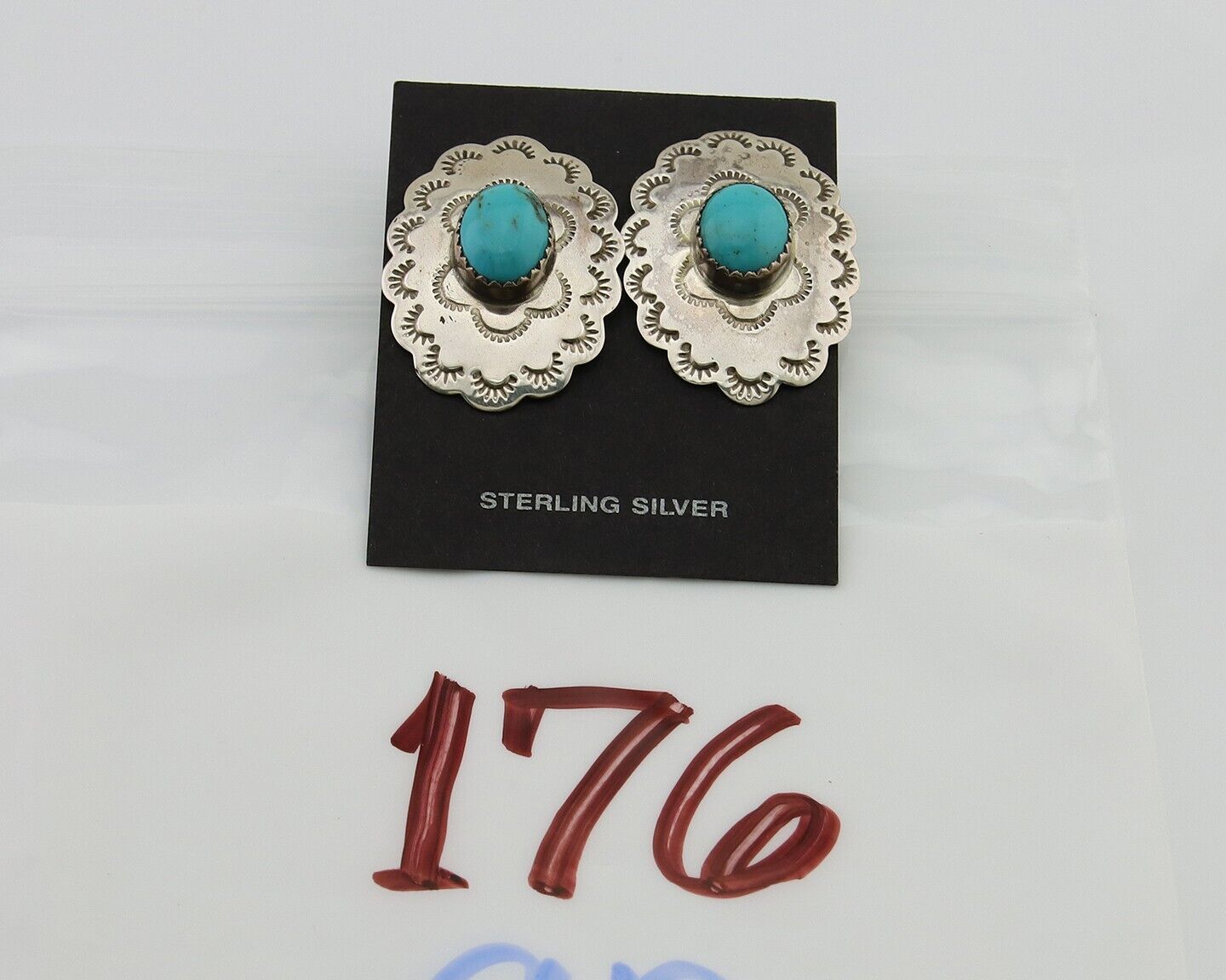Navajo Hand Stamped Earrings 925 Silver Natural Turquoise Native Artist C.80's