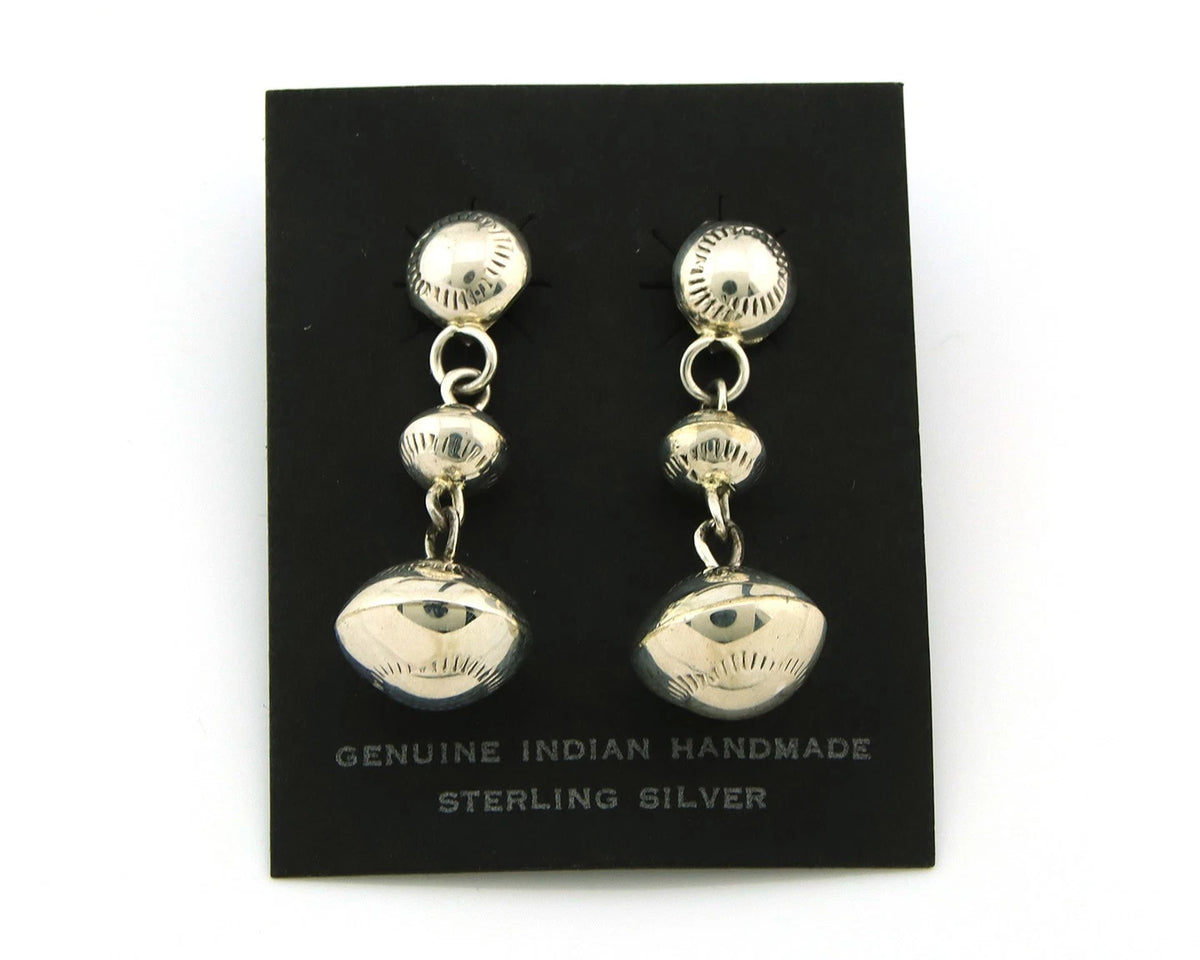 Navajo Bead Earrings Sterling Silver Handmade Vintage Hand Stamped Native Artist