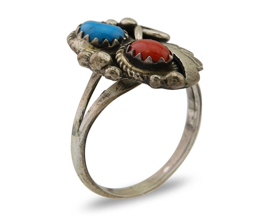 Navajo Ring 925 Silver Turquoise & Coral Native American Artist C.80's