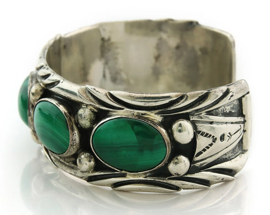 Men Navajo Cuff Bracelet Sterling Silver Malachite Vintage Signed C Montoya