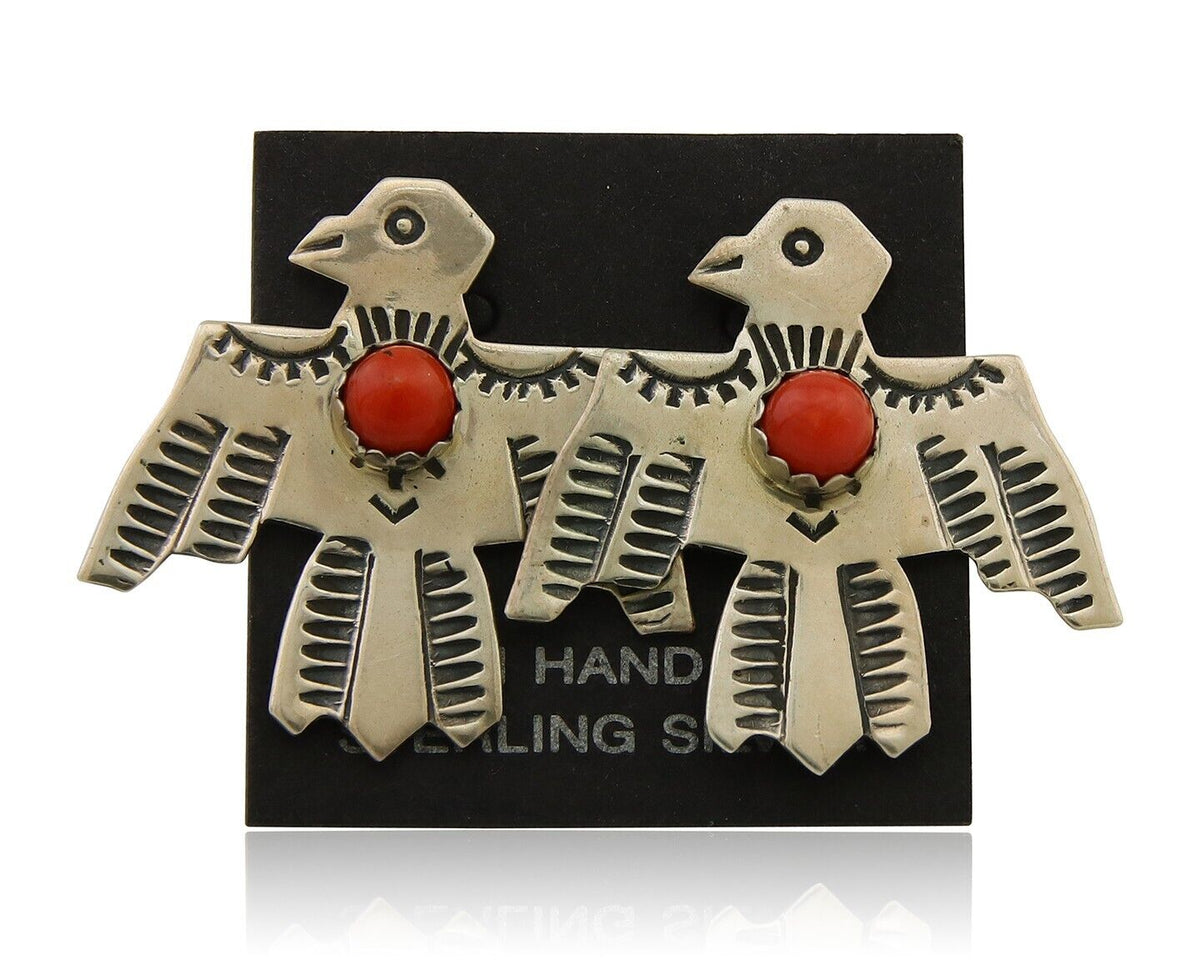 Navajo Thunderbird Earrings 925 Silver Natural Red Coral Native Artist C.80's
