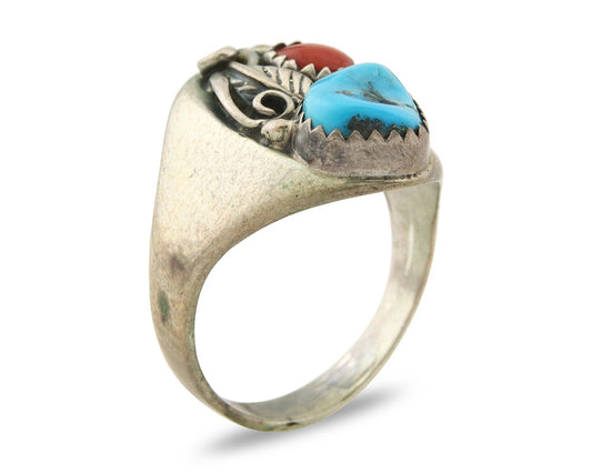 Navajo Ring 925 Sterling Turquoise & Coral Native Artist C.80's Size 9.0